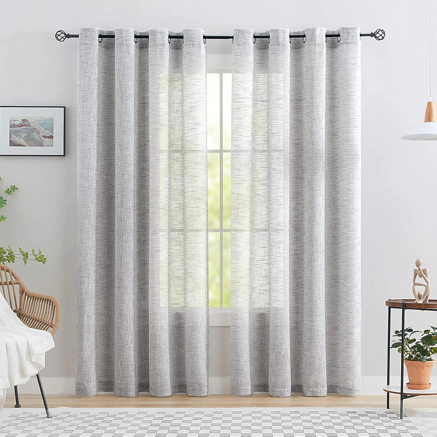 Treatmentex Grey Semi Sheer Curtains for Living Room 84 inch Long Linen Textured Sheer Window Panels for Bedroom Light Filtering Rustic Curtain Drapes Grommet Top 52" W 2 Panels