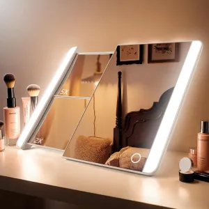 Tri-fold Vanity Mirror with Light,Pull-Out Makeup Mirror,1X/2X/5X Magnifying Mirror,Touch Screen,Three-Color Dimmable,Rechargeable Travel Makeup Mirror with Hidden Foldable Stand (White)