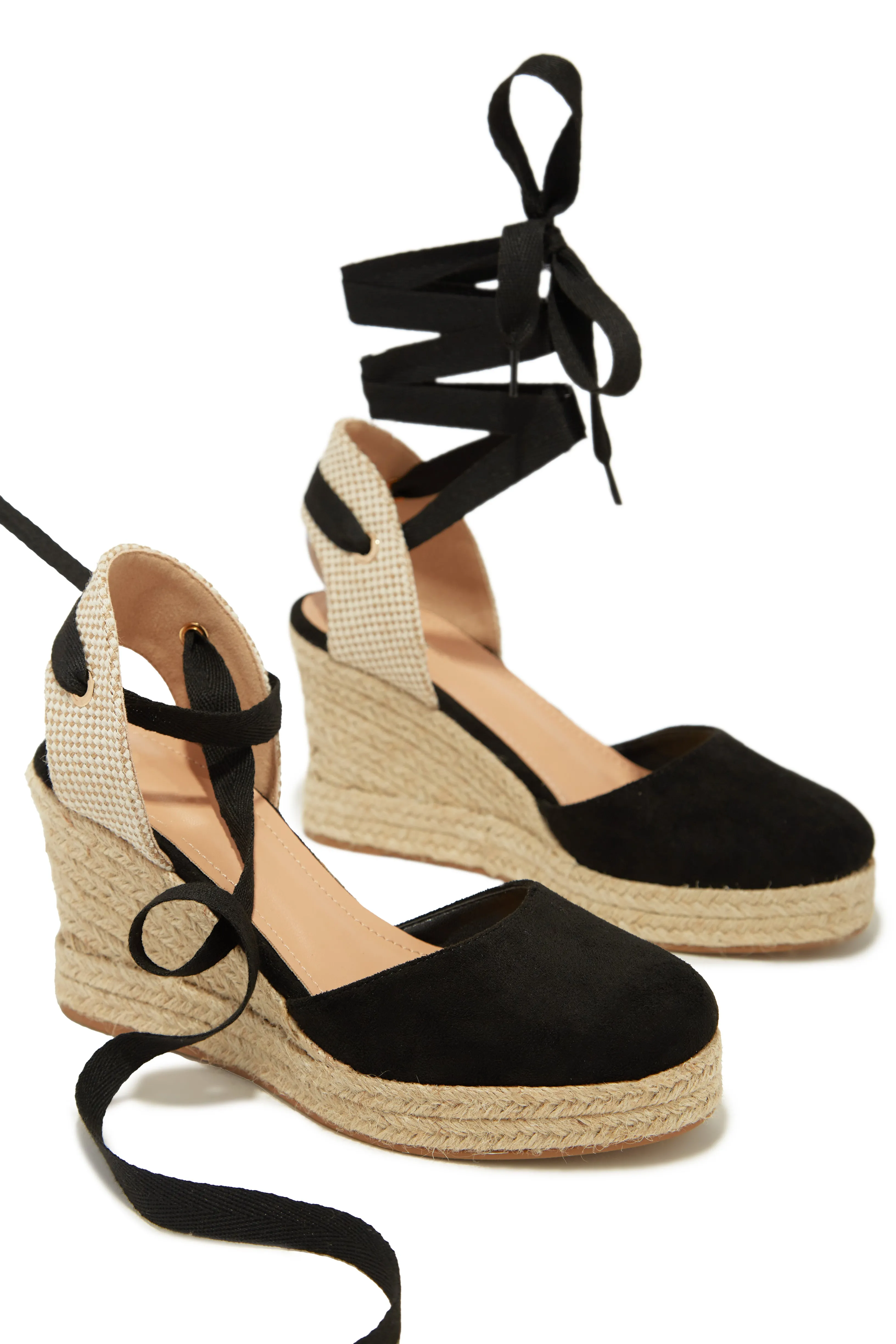 Tropical Vacay Lace Up Platform Espadrille Wedges - Black