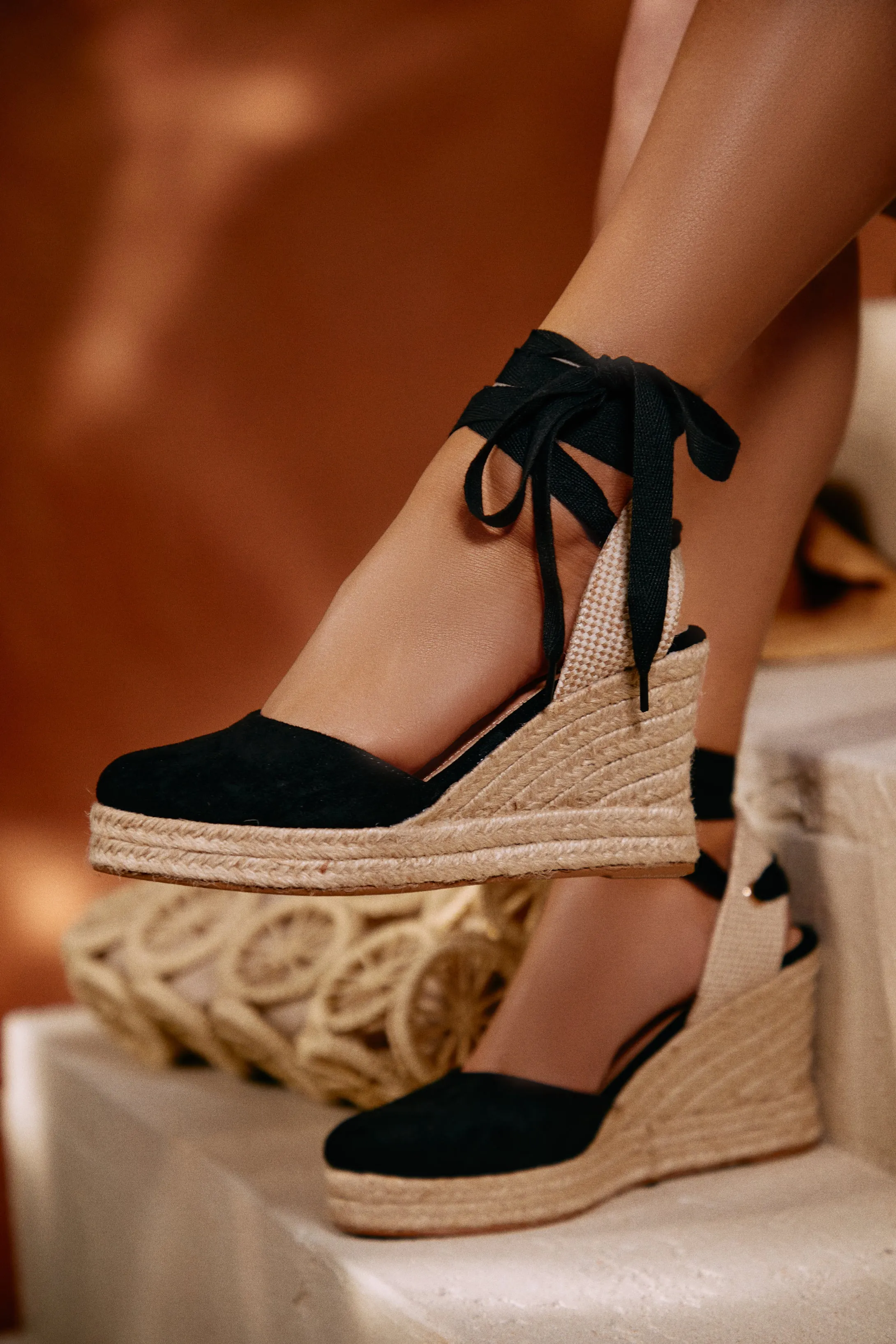 Tropical Vacay Lace Up Platform Espadrille Wedges - Black
