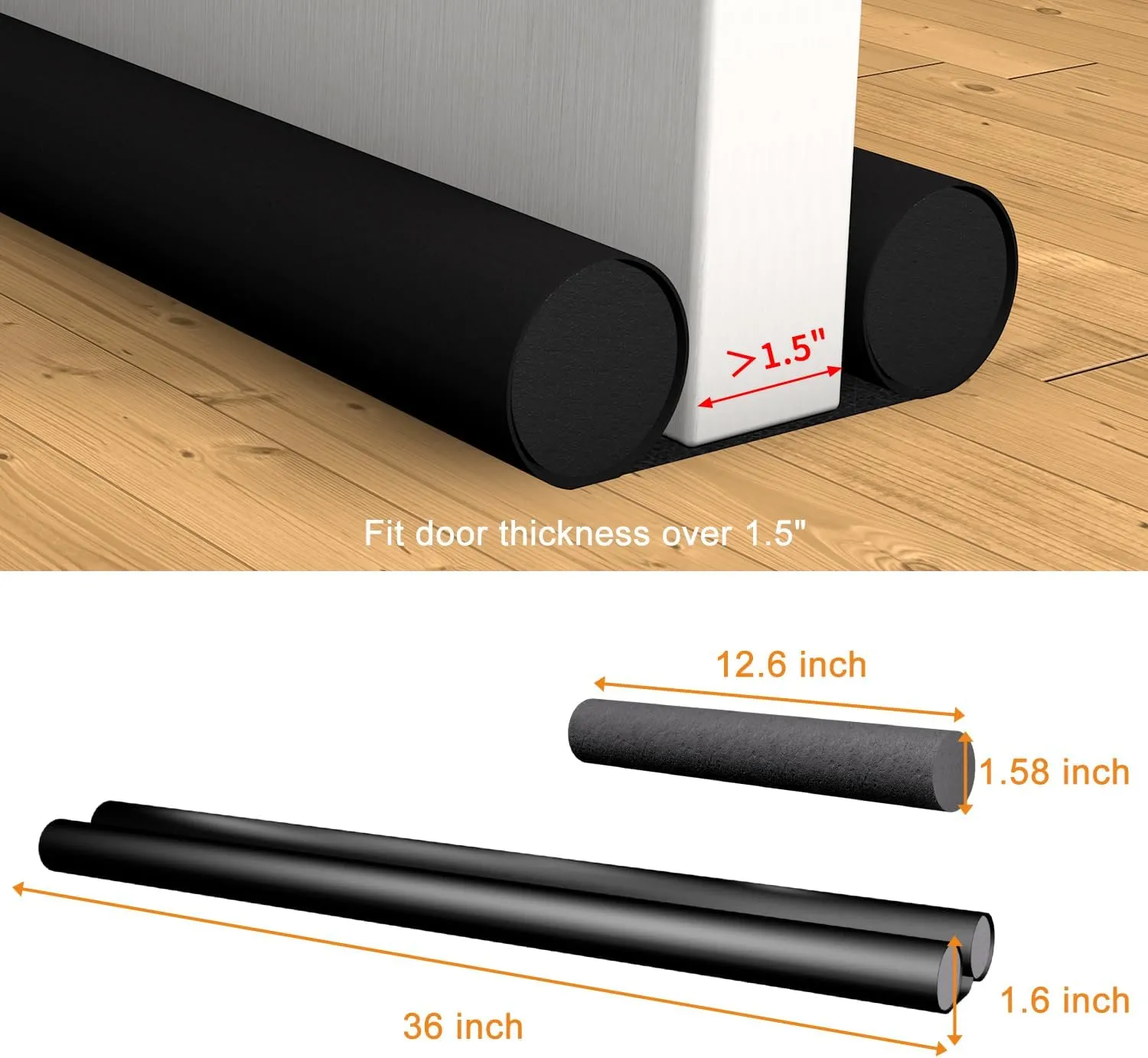 Twin Door Stoppers - 36" Cuttable Gap Filler, Reduces Cold Air, Light & Noise - Fits 30" to 36" Doors - Black Weather Stripping