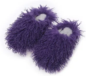 Unisex Fuzzy Faux Fur Slippers, Women's Fluffy Long Hair Sheep Faux Fur Slip on Slides, Girls Luxury Big Fluffy Outdoor Flat Slippers, Long Curly Hair Non-Slip Warm Home Slide Shoes