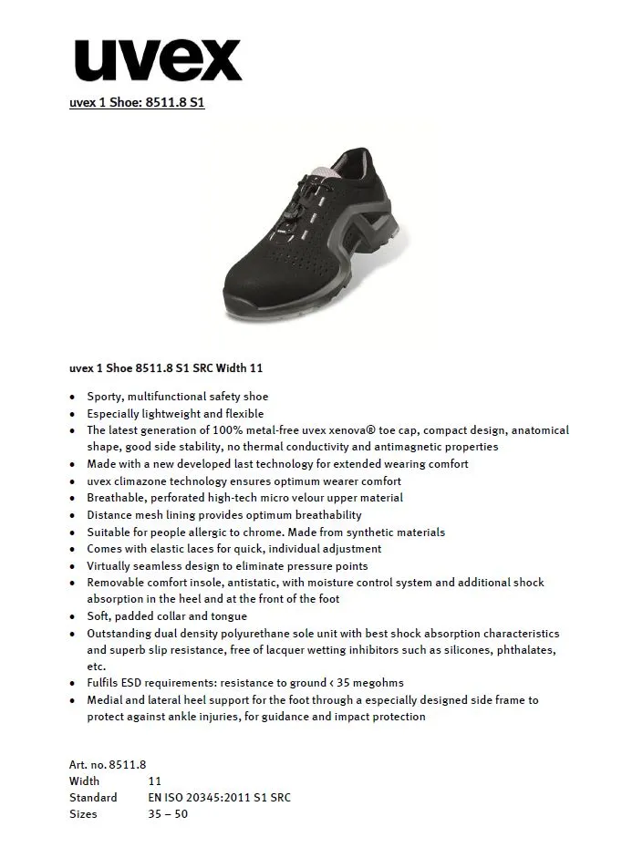 Uvex 1 X-Tended 8511 Safety Trainer Shoe Metal-Free ESD Black