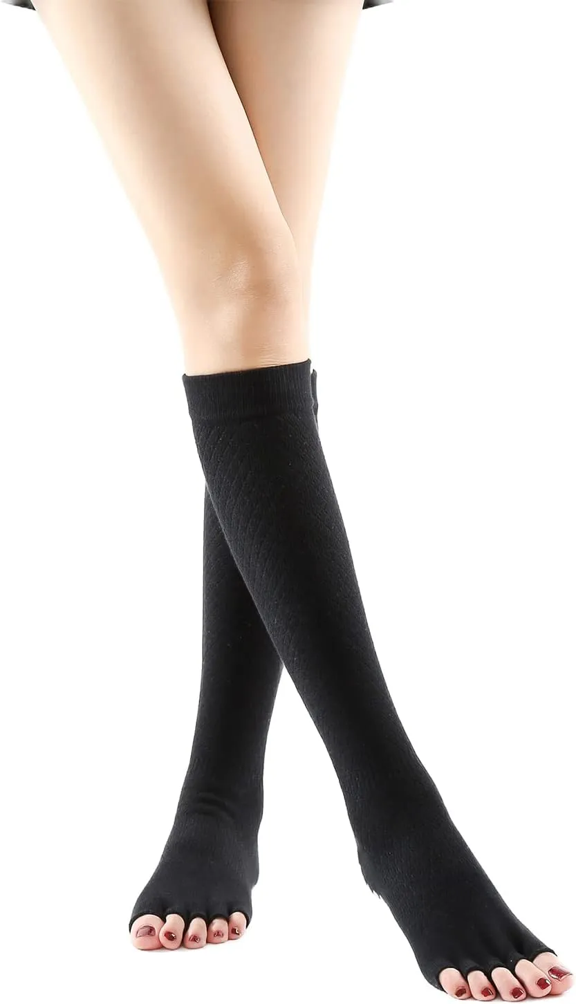 Verdancy Yoga Pilates Toe Socks Toeless Socks with Grips for Women Non Slip Cushioned Knee Highs Over Calf Socks