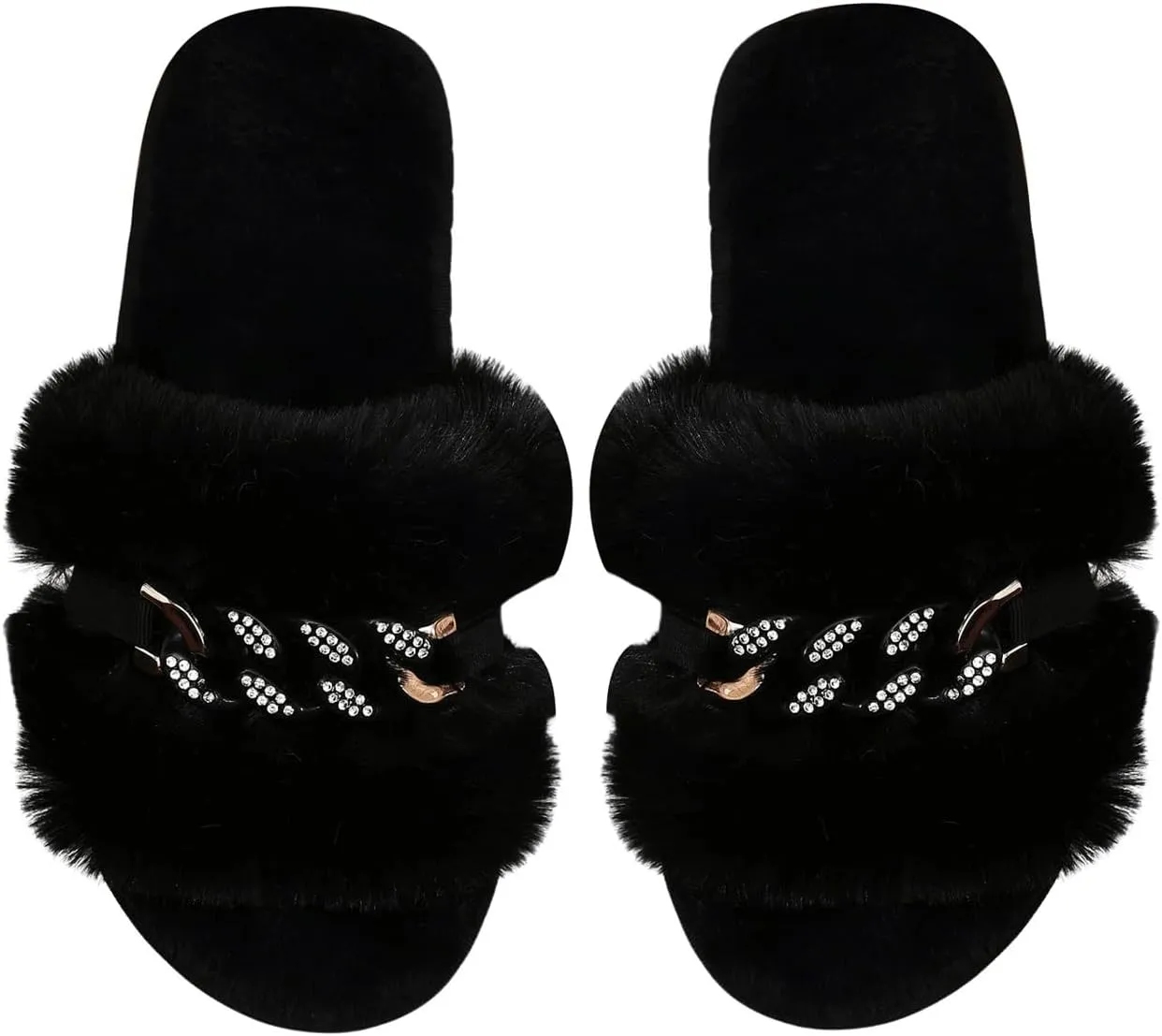 Verdusa Women's Rhinestone Fuzzy Memory Foam Slippers Open Toe Indoor Outdoor House Shoes