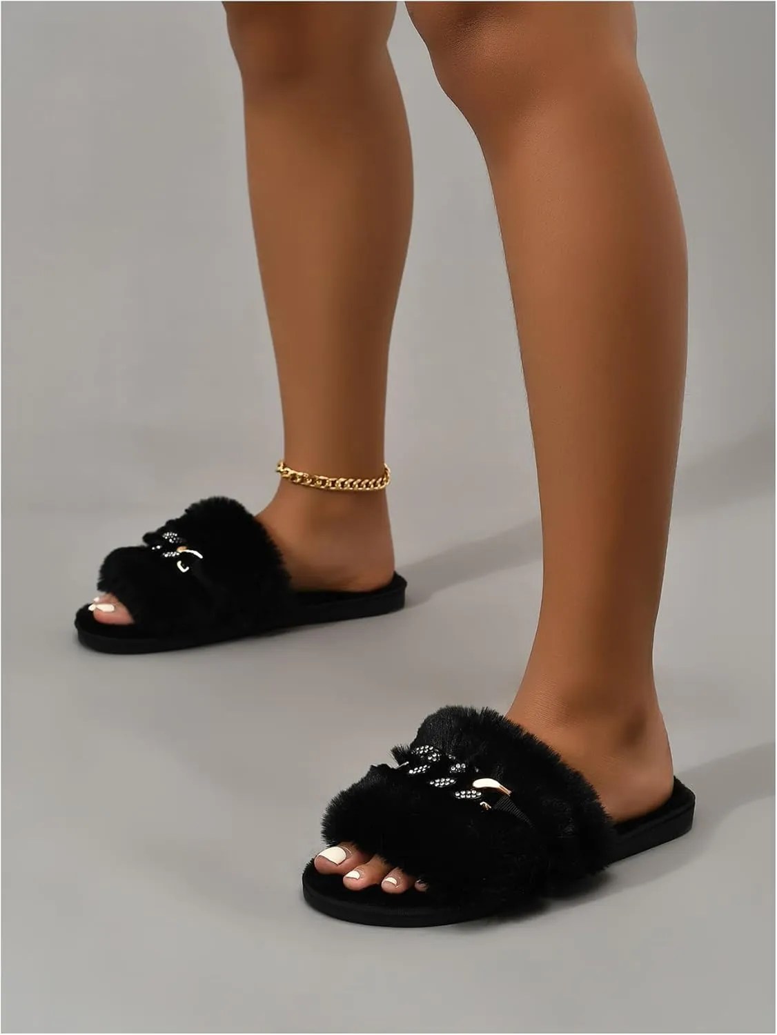Verdusa Women's Rhinestone Fuzzy Memory Foam Slippers Open Toe Indoor Outdoor House Shoes