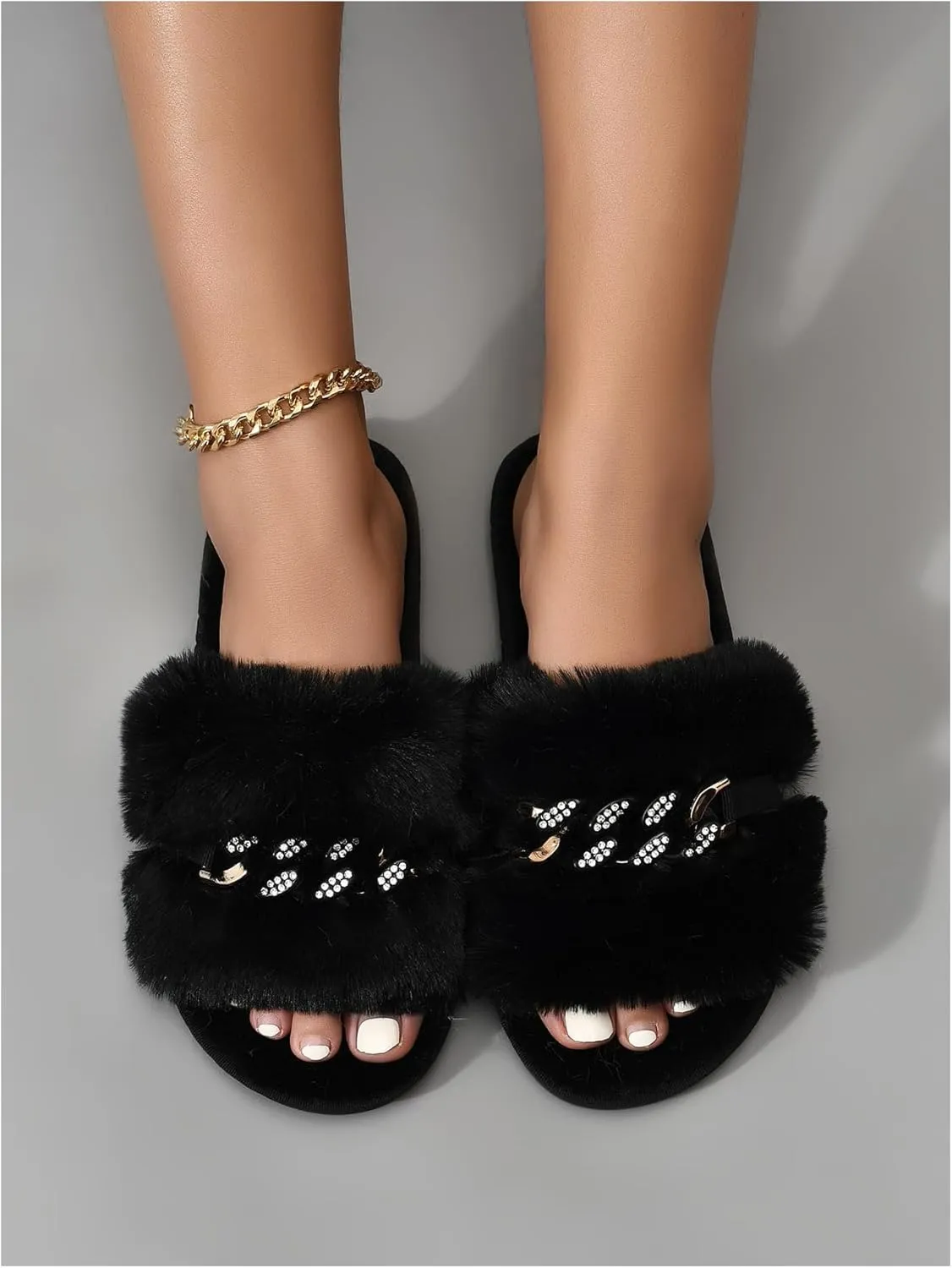 Verdusa Women's Rhinestone Fuzzy Memory Foam Slippers Open Toe Indoor Outdoor House Shoes