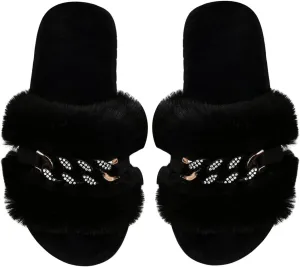 Verdusa Women's Rhinestone Fuzzy Memory Foam Slippers Open Toe Indoor Outdoor House Shoes