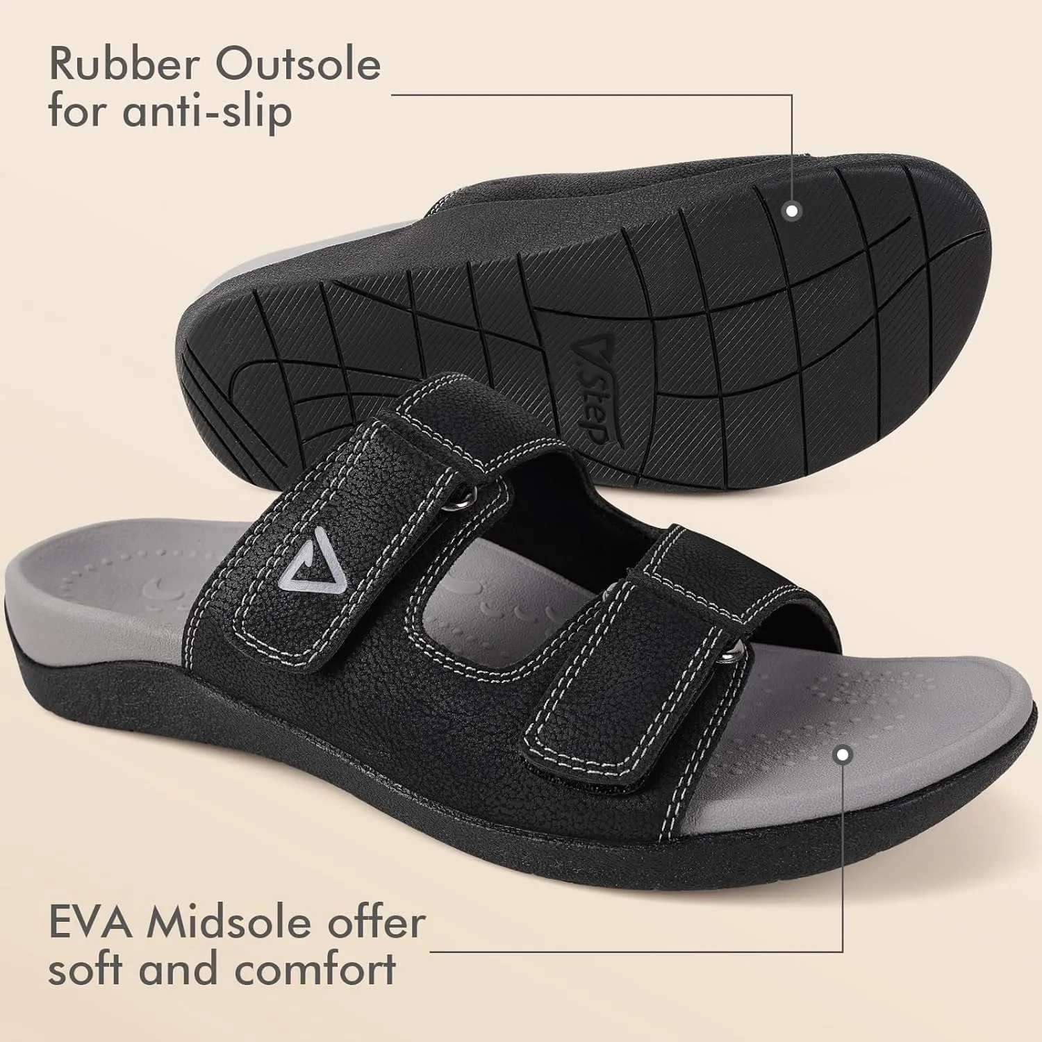 V.Step Orthopedic Slides with Arch Support for Women Men, Adjustable Orthotic Sandals for Plantar Fasciitis Pain Relief Indoor Outdoor Black W9/M8