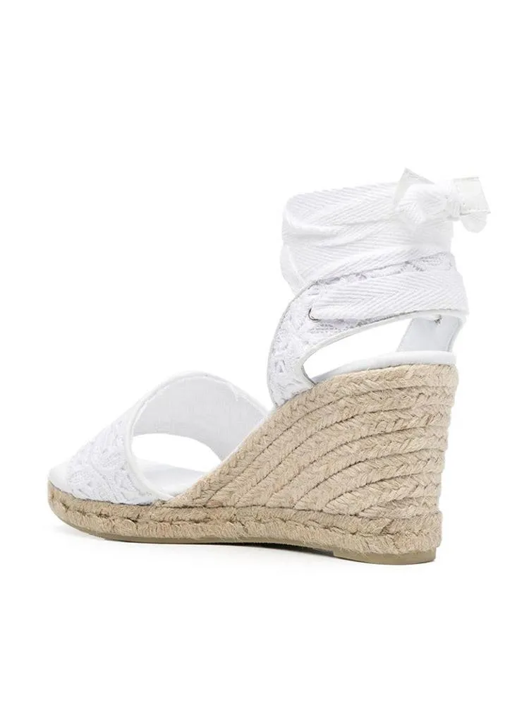 White Lace Single Band Open-toe Espadrille Wedge Sandals With Self-tie