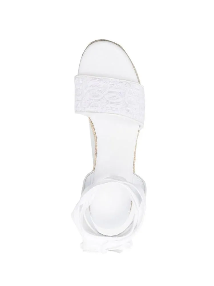 White Lace Single Band Open-toe Espadrille Wedge Sandals With Self-tie