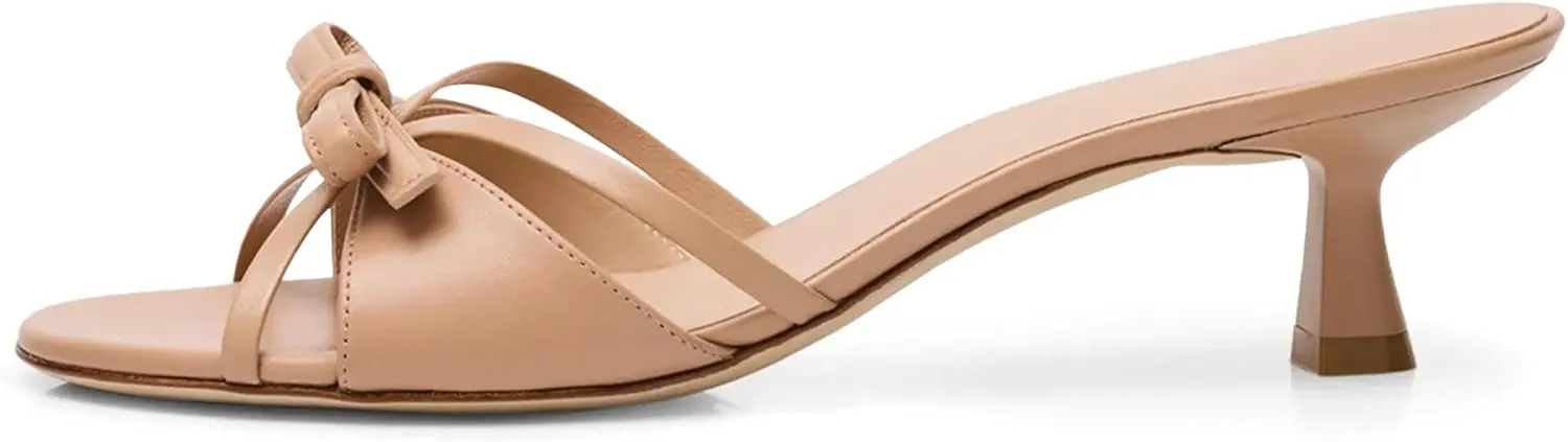 Women Heeled Sandals Mules Round Open Toe Bow Slides Low Kitten Heels Silp On Slippers Casual Stiletto Wedding Dress Slide Shoes