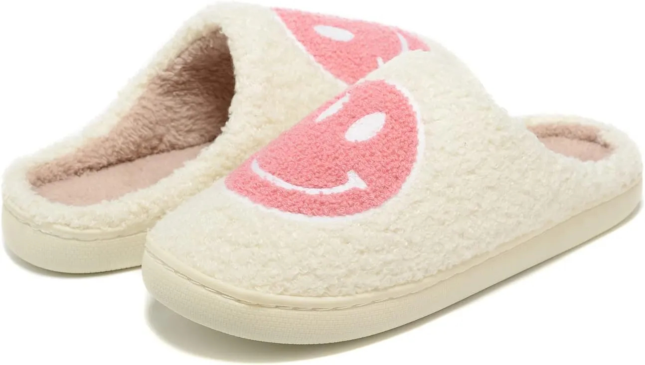 Women Men Retro Fuzzy Face Slippers Retro Soft Fluffy Warm Home Non-Slip Couple Style Casual Happy Face Slippers Soft Memory Foam Fuzzy Slides Indoor Outdoor Anti-Skid Warm Cozy Foam Slide