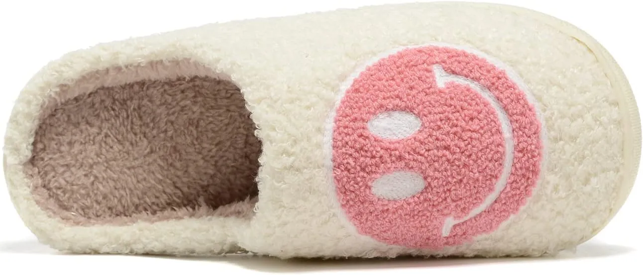 Women Men Retro Fuzzy Face Slippers Retro Soft Fluffy Warm Home Non-Slip Couple Style Casual Happy Face Slippers Soft Memory Foam Fuzzy Slides Indoor Outdoor Anti-Skid Warm Cozy Foam Slide