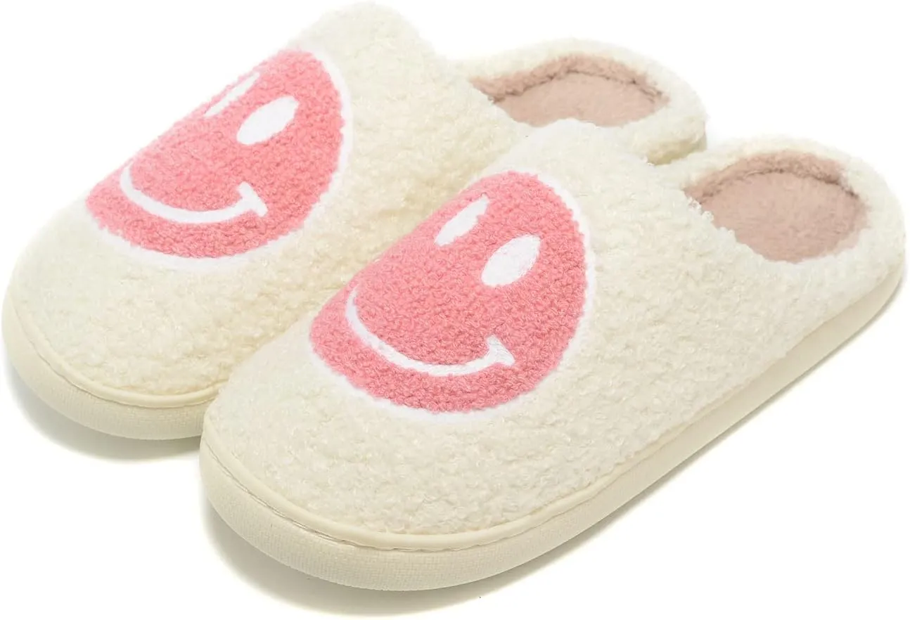 Women Men Retro Fuzzy Face Slippers Retro Soft Fluffy Warm Home Non-Slip Couple Style Casual Happy Face Slippers Soft Memory Foam Fuzzy Slides Indoor Outdoor Anti-Skid Warm Cozy Foam Slide