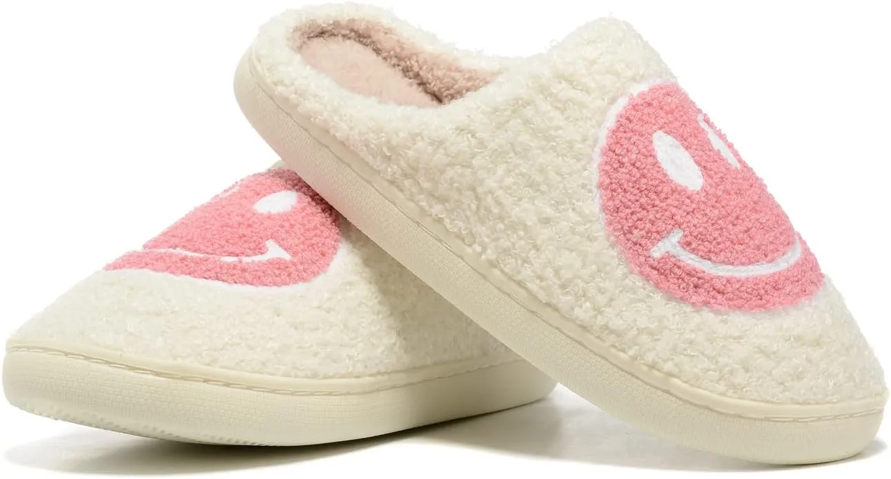 Women Men Retro Fuzzy Face Slippers Retro Soft Fluffy Warm Home Non-Slip Couple Style Casual Happy Face Slippers Soft Memory Foam Fuzzy Slides Indoor Outdoor Anti-Skid Warm Cozy Foam Slide