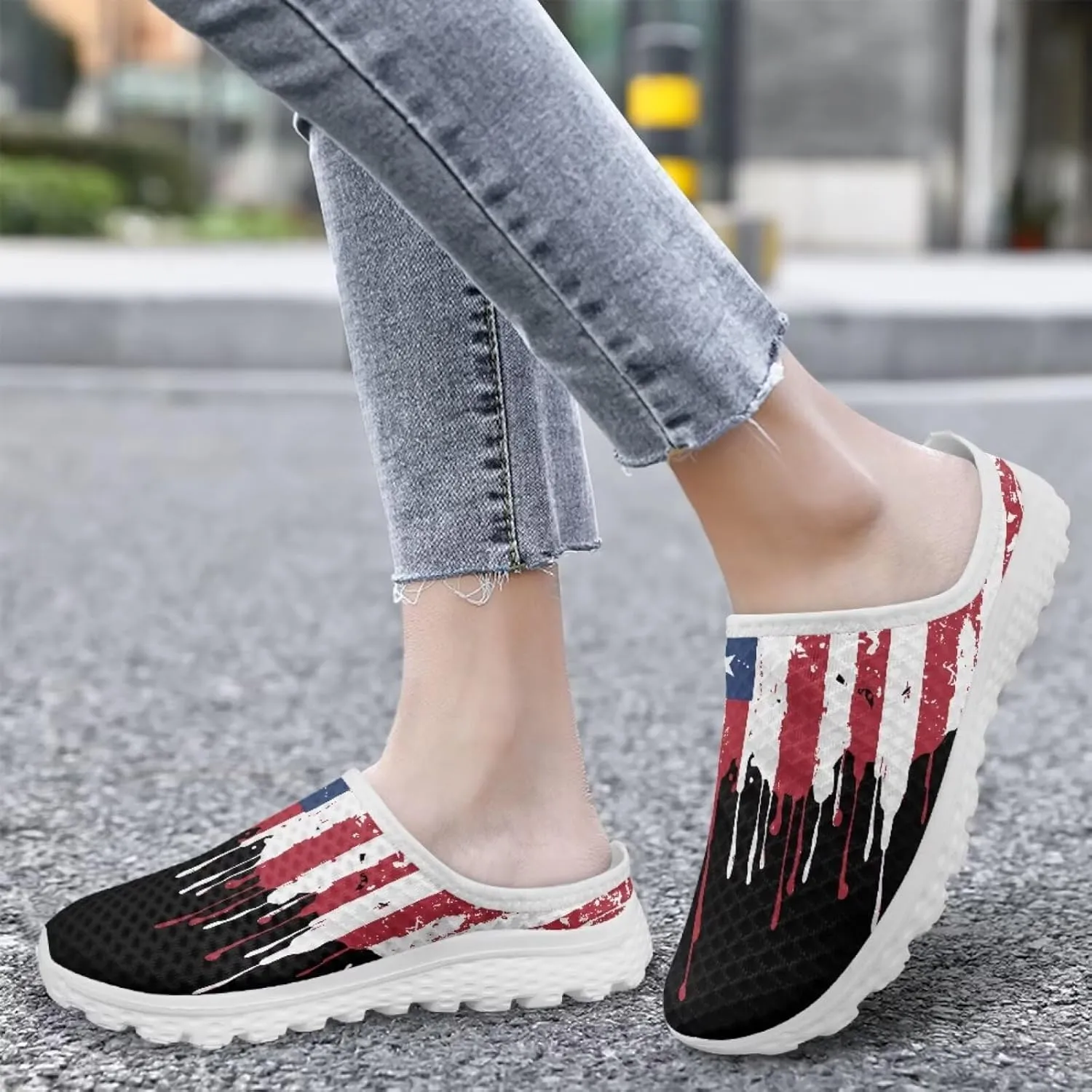 Womens Backless Shoes Flags Print Walking Mules Slip-on Closed Toe Slippers Breathable Mesh Sneakers