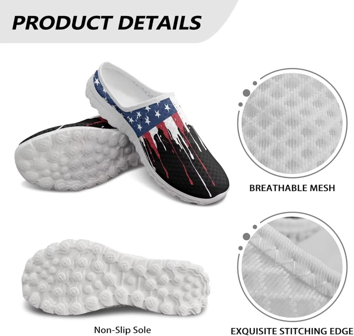 Womens Backless Shoes Flags Print Walking Mules Slip-on Closed Toe Slippers Breathable Mesh Sneakers