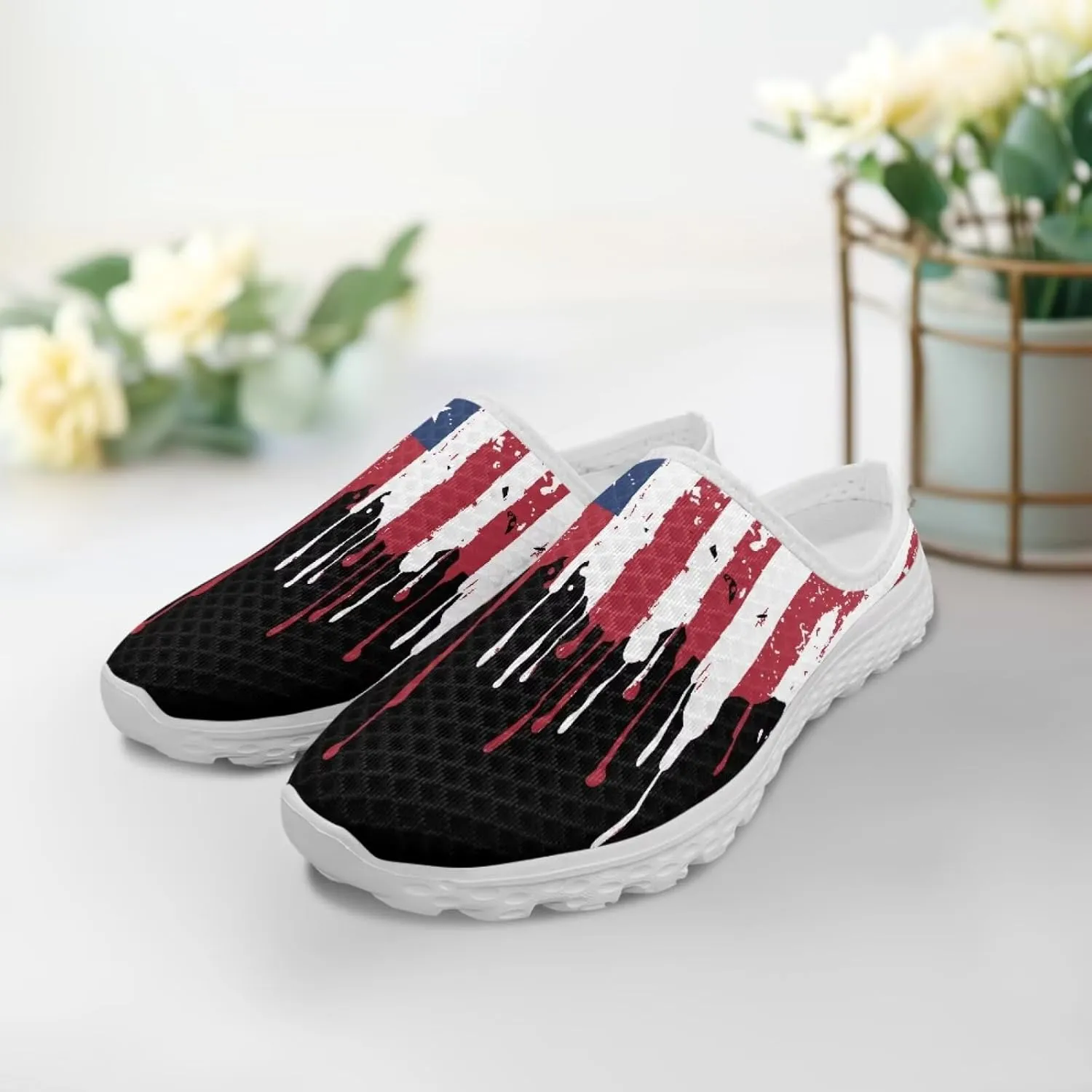 Womens Backless Shoes Flags Print Walking Mules Slip-on Closed Toe Slippers Breathable Mesh Sneakers
