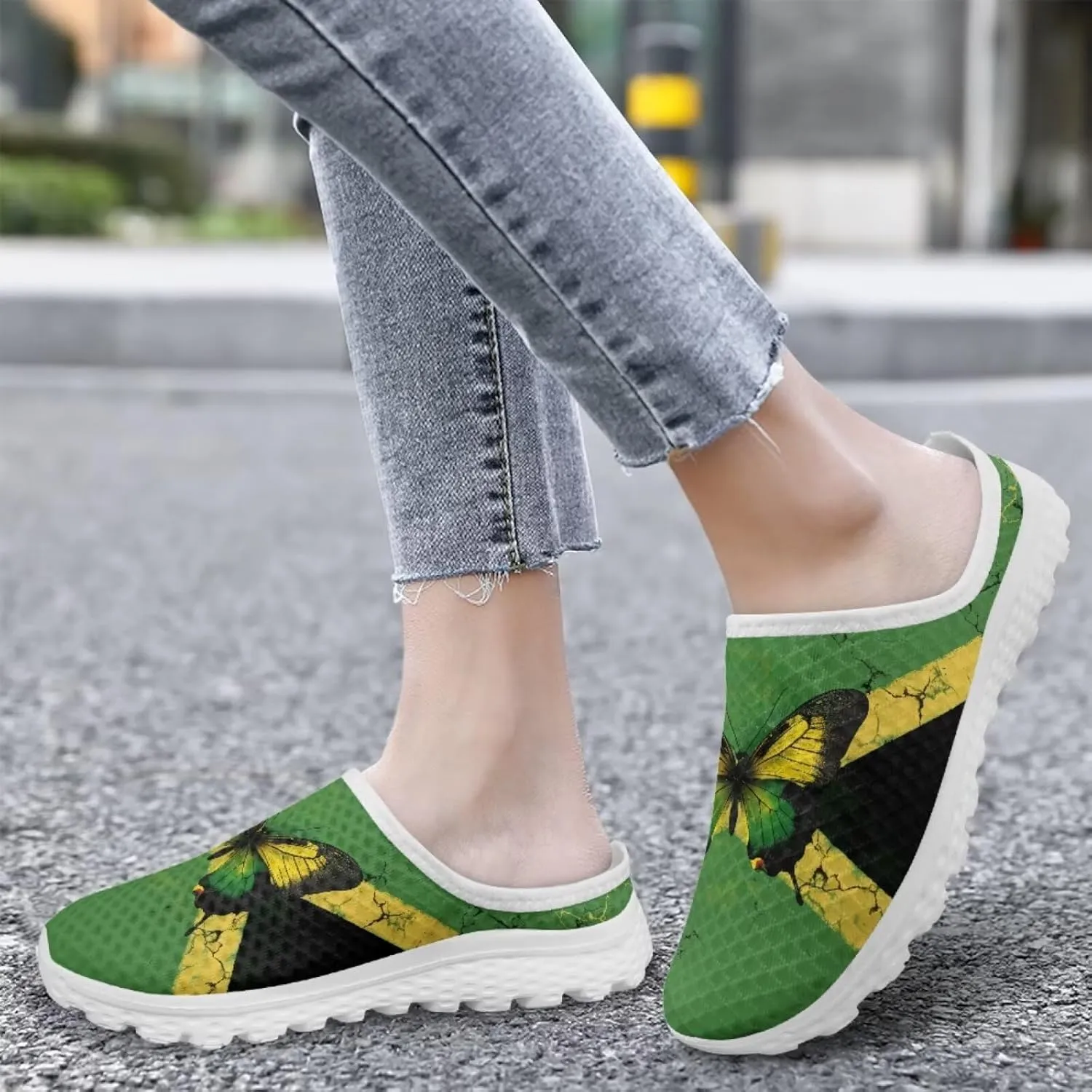 Womens Backless Shoes Flags Print Walking Mules Slip-on Closed Toe Slippers Breathable Mesh Sneakers
