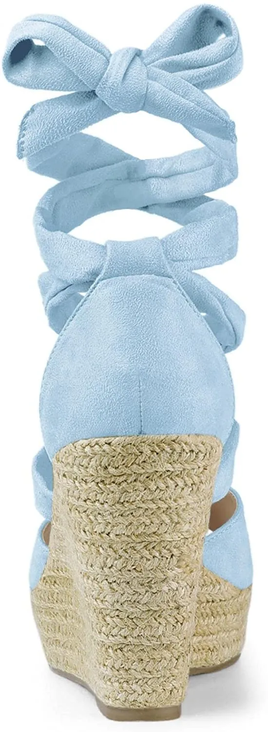Women's Blue Lace Up Espadrilles Wedge Sandals