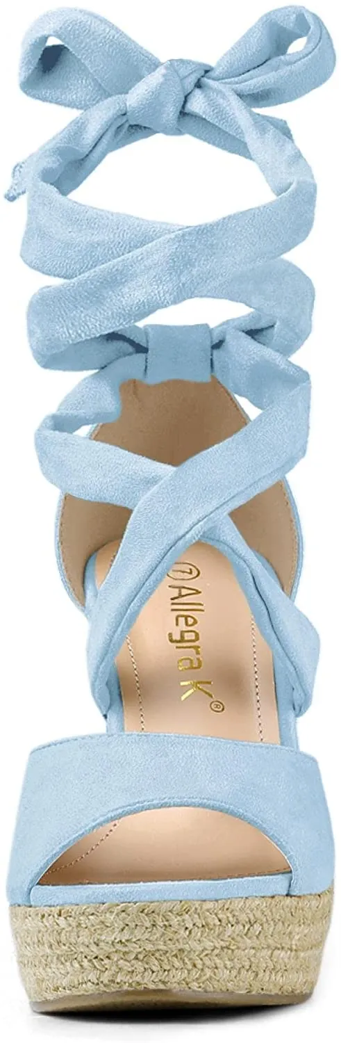 Women's Blue Lace Up Espadrilles Wedge Sandals