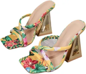 Women's Floral Print Slide Sandals, Geometric Block Heel, Yellow Tropical Design