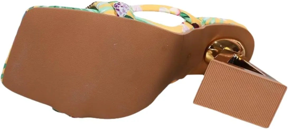 Women's Floral Print Slide Sandals, Geometric Block Heel, Yellow Tropical Design