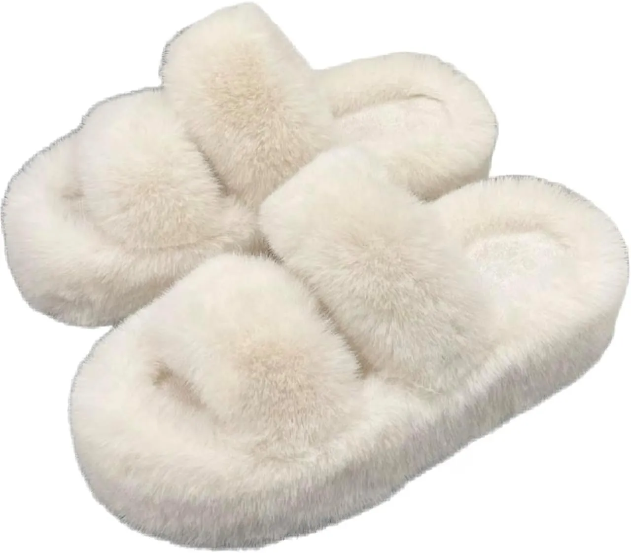 Women's Fluffy Fuzzy Slippers Cozy Comfy Memory Foam Open Toe House Slippers Faux Fur Soft Plush Two Band Slides Anti-Skid Indoor Outdoor Home Bedroom for Women