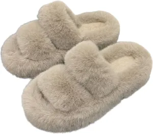 Women's Fluffy Fuzzy Slippers Cozy Comfy Memory Foam Open Toe House Slippers Faux Fur Soft Plush Two Band Slides Anti-Skid Indoor Outdoor Home Bedroom for Women