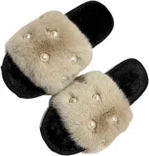 Women's Fluffy Fuzzy Slippers Memory Foam Open Toe Pearl Comfy House Slippers Cozy Faux Fur Soft Plush Home Slides Anti-Skid Indoor Outdoor Home Bedroom for Women Girls