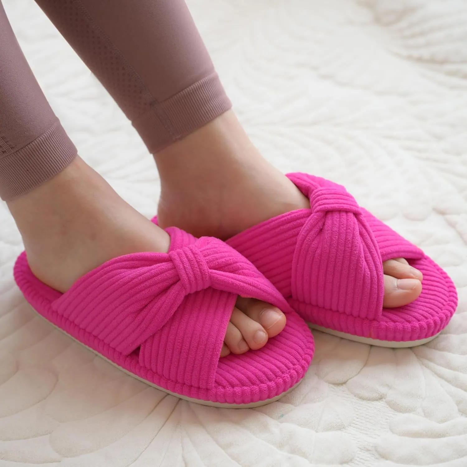 Women's Orthopedic Arch Support Open Toe House Slippers for Plantar Fasciitis Ladies Cozy Memory Foam Bedroom Gift Slippers Fluffy Corduroy Bow Crossband Slide