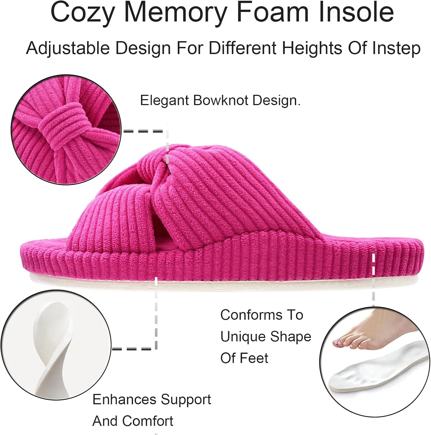 Women's Orthopedic Arch Support Open Toe House Slippers for Plantar Fasciitis Ladies Cozy Memory Foam Bedroom Gift Slippers Fluffy Corduroy Bow Crossband Slide