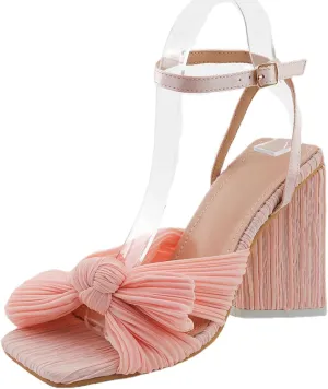 Women's Pleated Bowknot Square Open Toe Heeled Sandals Cute Comfy Summer Ankle Strap Block Heels for Bridal Dress Chunky Pumps-4.13 In