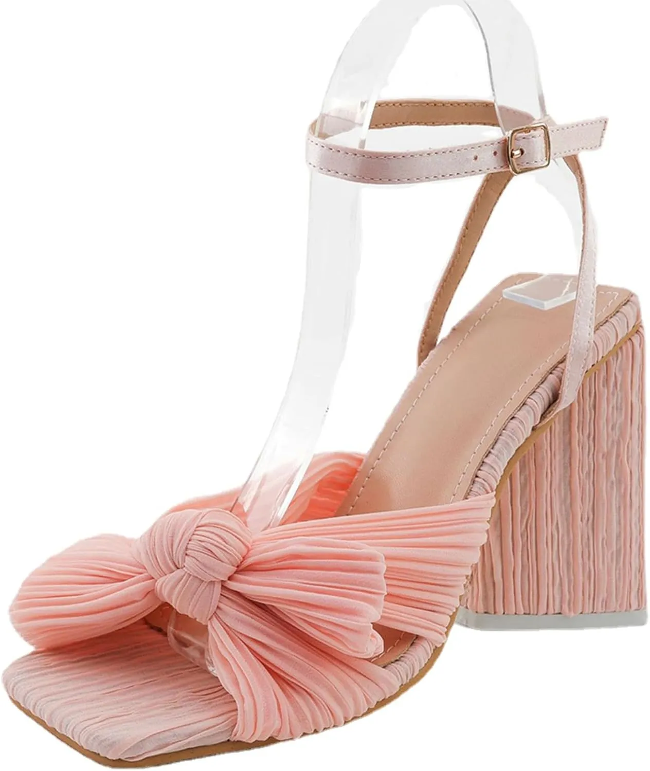 Women's Pleated Bowknot Square Open Toe Heeled Sandals Cute Comfy Summer Ankle Strap Block Heels for Bridal Dress Chunky Pumps-4.13 In
