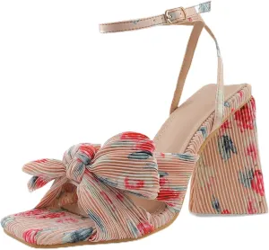 Women's Pleated Bowknot Square Open Toe Heeled Sandals Cute Comfy Summer Ankle Strap Block Heels for Bridal Dress Chunky Pumps-4.13 In