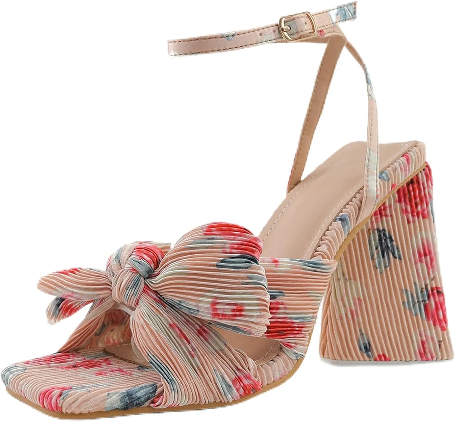 Women's Pleated Bowknot Square Open Toe Heeled Sandals Cute Comfy Summer Ankle Strap Block Heels for Bridal Dress Chunky Pumps-4.13 In