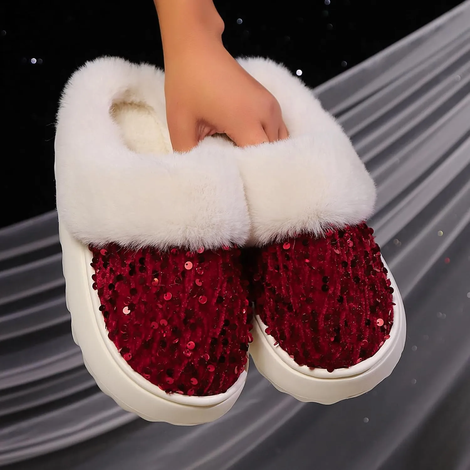 Women's Sequin Fluffy Slippers, Fuzzy Memory Foam House Slippers, Comfy Winter Warm Plush Flats Thick Bottom Slippers, Indoor Outdoor Non-Slip Faux Fur Slide Shoes