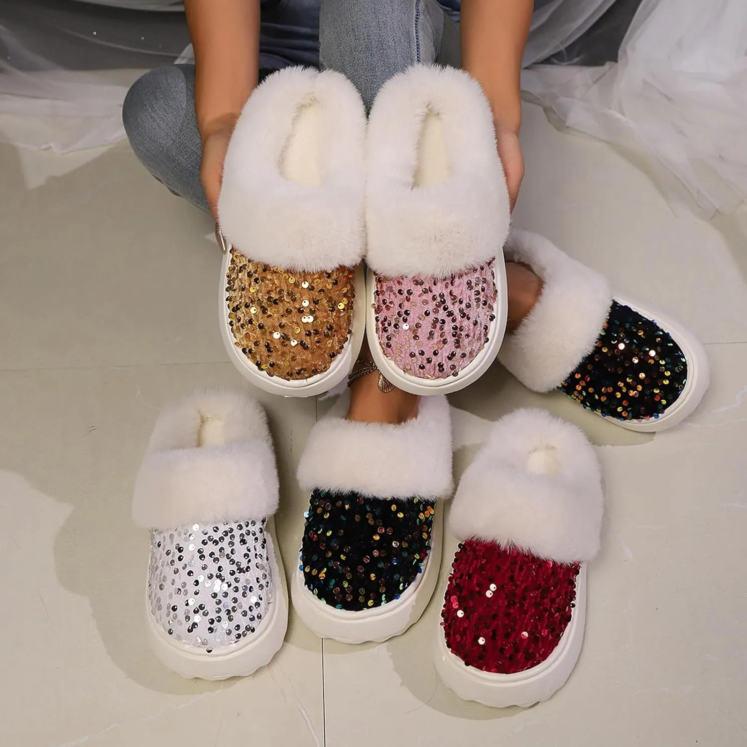 Women's Sequin Fluffy Slippers, Fuzzy Memory Foam House Slippers, Comfy Winter Warm Plush Flats Thick Bottom Slippers, Indoor Outdoor Non-Slip Faux Fur Slide Shoes