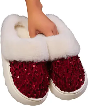 Women's Sequin Fluffy Slippers, Fuzzy Memory Foam House Slippers, Comfy Winter Warm Plush Flats Thick Bottom Slippers, Indoor Outdoor Non-Slip Faux Fur Slide Shoes