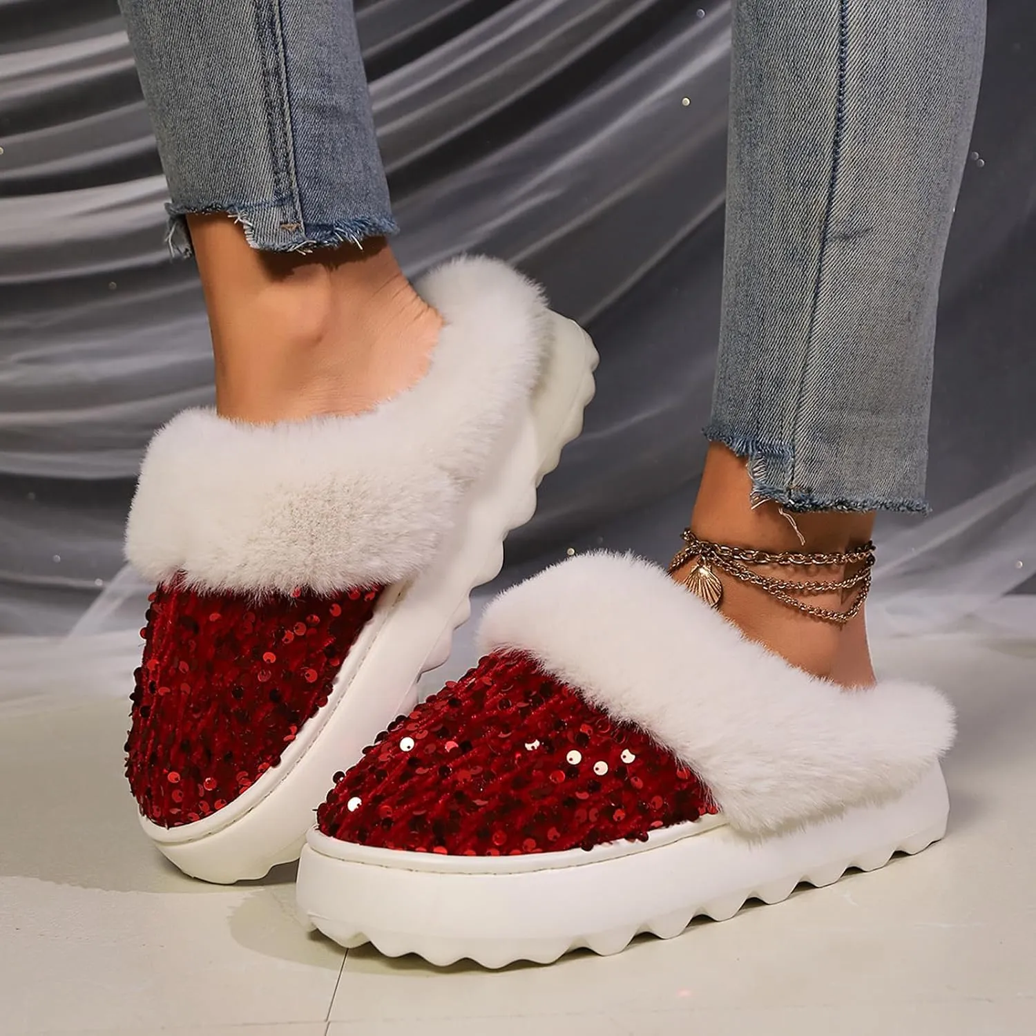 Women's Sequin Fluffy Slippers, Fuzzy Memory Foam House Slippers, Comfy Winter Warm Plush Flats Thick Bottom Slippers, Indoor Outdoor Non-Slip Faux Fur Slide Shoes