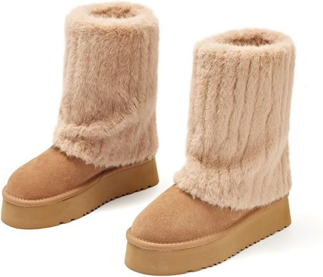 Women's Solid Color Snow Boots, Fashion Non-slip Shaggy Fleece Lined Winter Boots, Comfortable Warm Thick Bottom Heightened Mid-Calf, Padded and Thickened Big Cotton Shoes