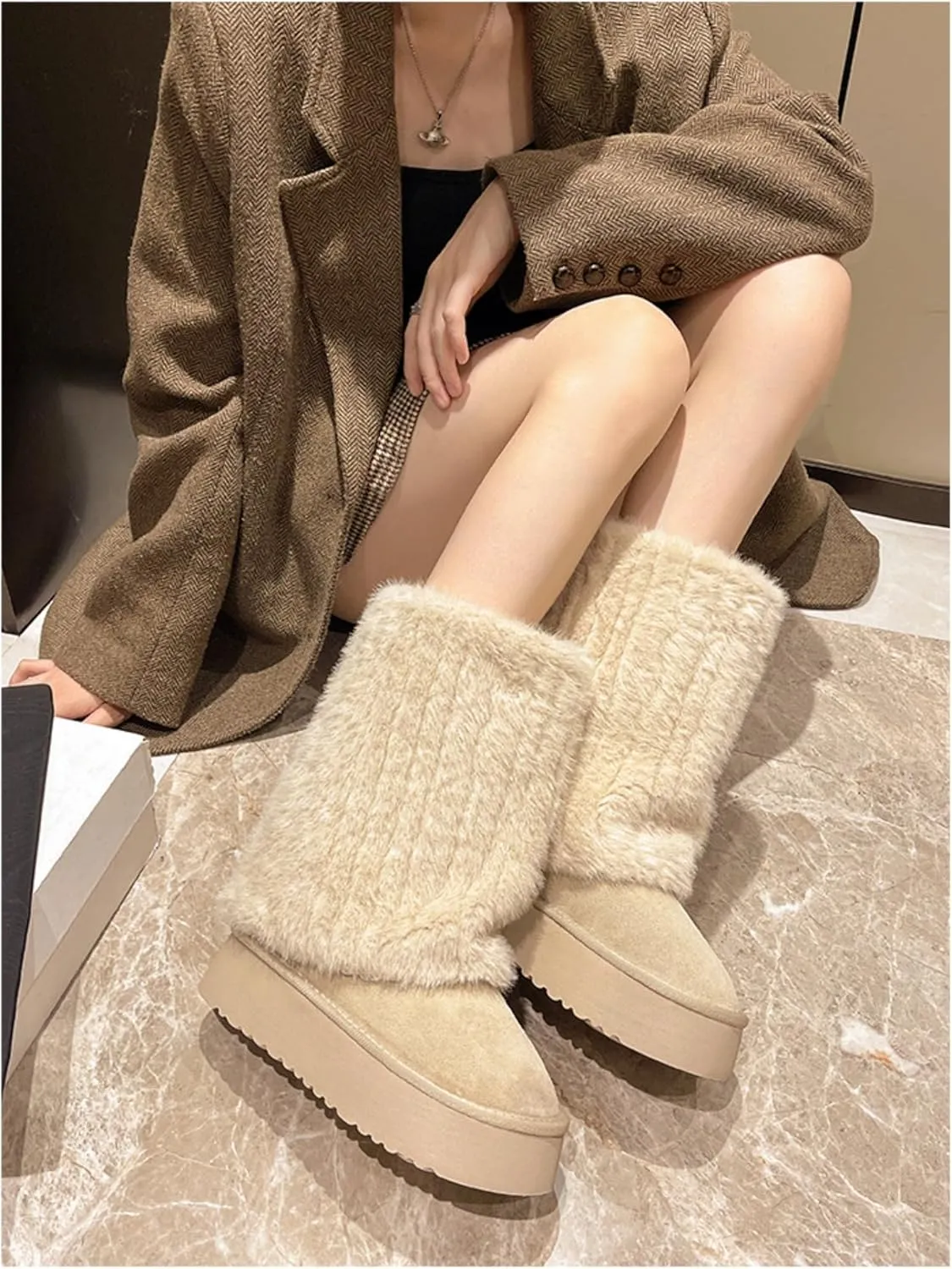 Women's Solid Color Snow Boots, Fashion Non-slip Shaggy Fleece Lined Winter Boots, Comfortable Warm Thick Bottom Heightened Mid-Calf, Padded and Thickened Big Cotton Shoes