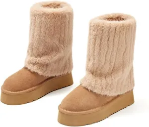 Women's Solid Color Snow Boots, Fashion Non-slip Shaggy Fleece Lined Winter Boots, Comfortable Warm Thick Bottom Heightened Mid-Calf, Padded and Thickened Big Cotton Shoes