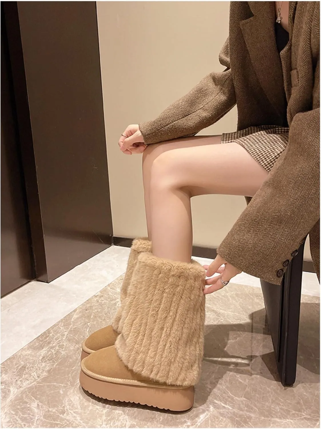 Women's Solid Color Snow Boots, Fashion Non-slip Shaggy Fleece Lined Winter Boots, Comfortable Warm Thick Bottom Heightened Mid-Calf, Padded and Thickened Big Cotton Shoes