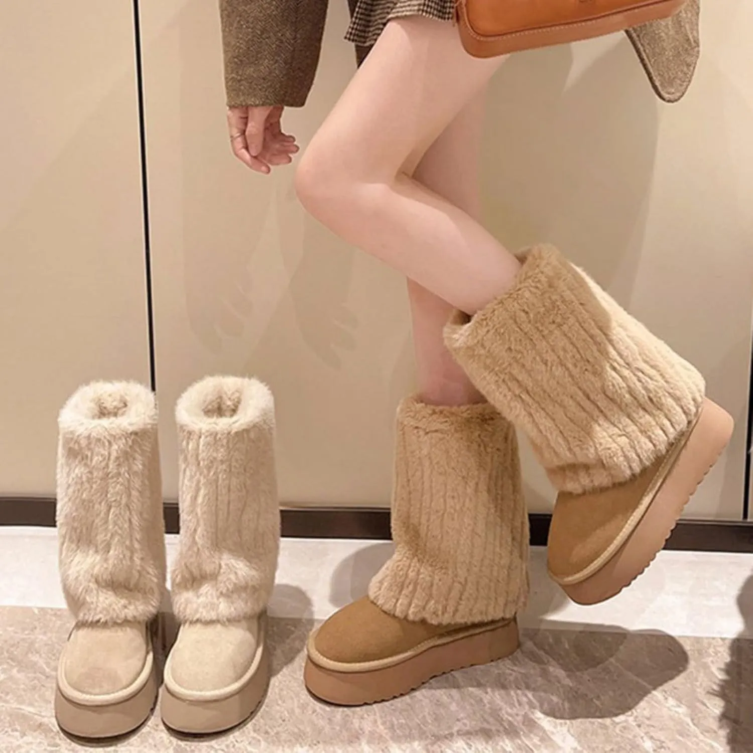 Women's Solid Color Snow Boots, Fashion Non-slip Shaggy Fleece Lined Winter Boots, Comfortable Warm Thick Bottom Heightened Mid-Calf, Padded and Thickened Big Cotton Shoes