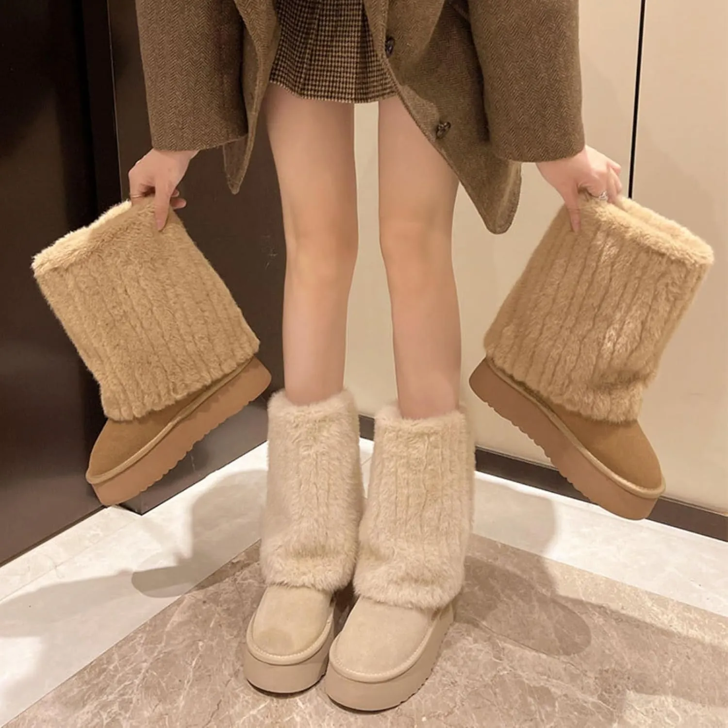 Women's Solid Color Snow Boots, Fashion Non-slip Shaggy Fleece Lined Winter Boots, Comfortable Warm Thick Bottom Heightened Mid-Calf, Padded and Thickened Big Cotton Shoes