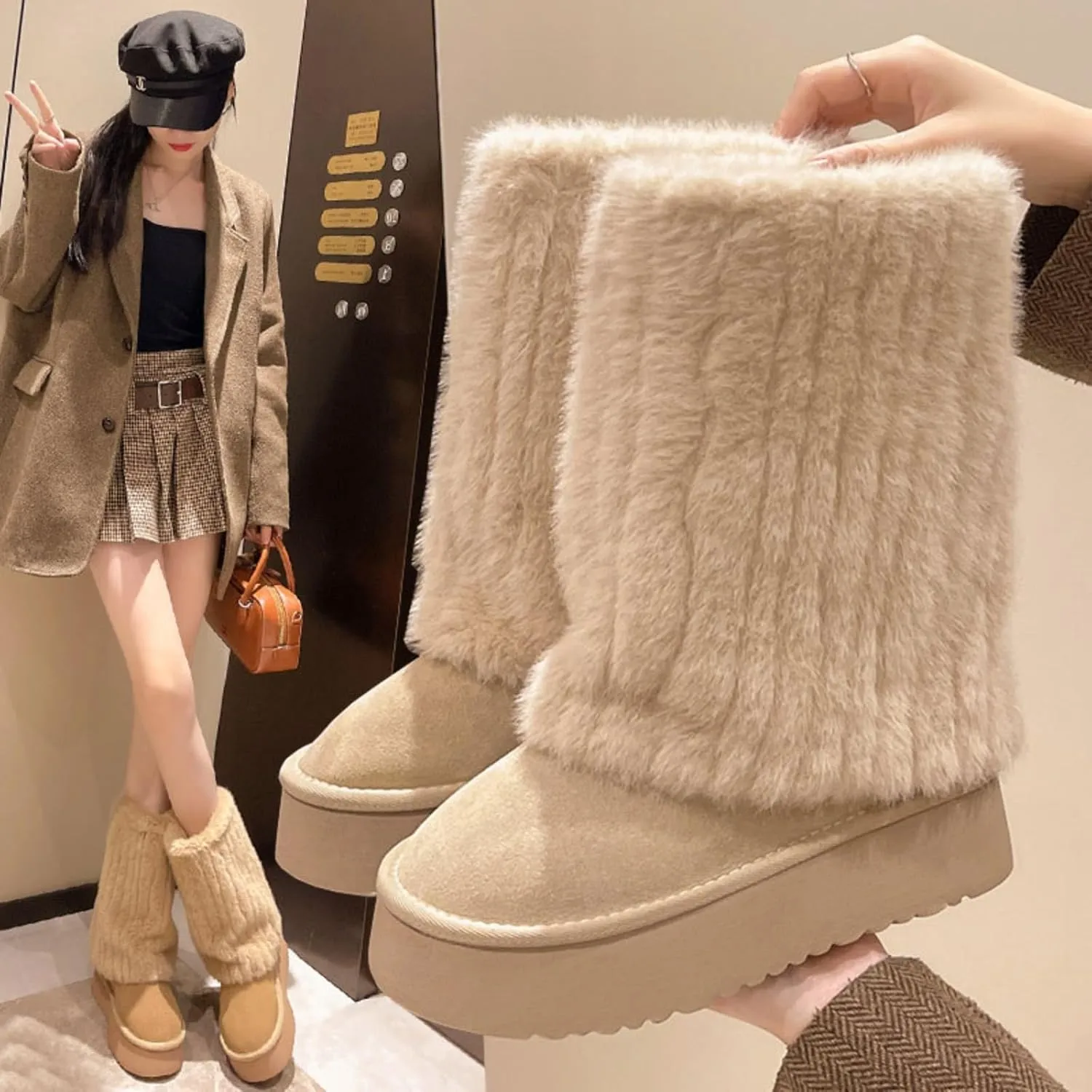 Women's Solid Color Snow Boots, Fashion Non-slip Shaggy Fleece Lined Winter Boots, Comfortable Warm Thick Bottom Heightened Mid-Calf, Padded and Thickened Big Cotton Shoes