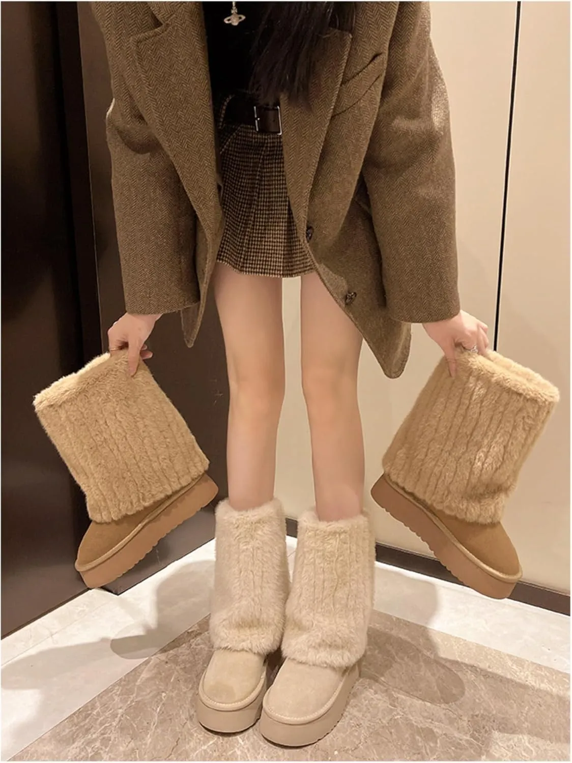 Women's Solid Color Snow Boots, Fashion Non-slip Shaggy Fleece Lined Winter Boots, Comfortable Warm Thick Bottom Heightened Mid-Calf, Padded and Thickened Big Cotton Shoes