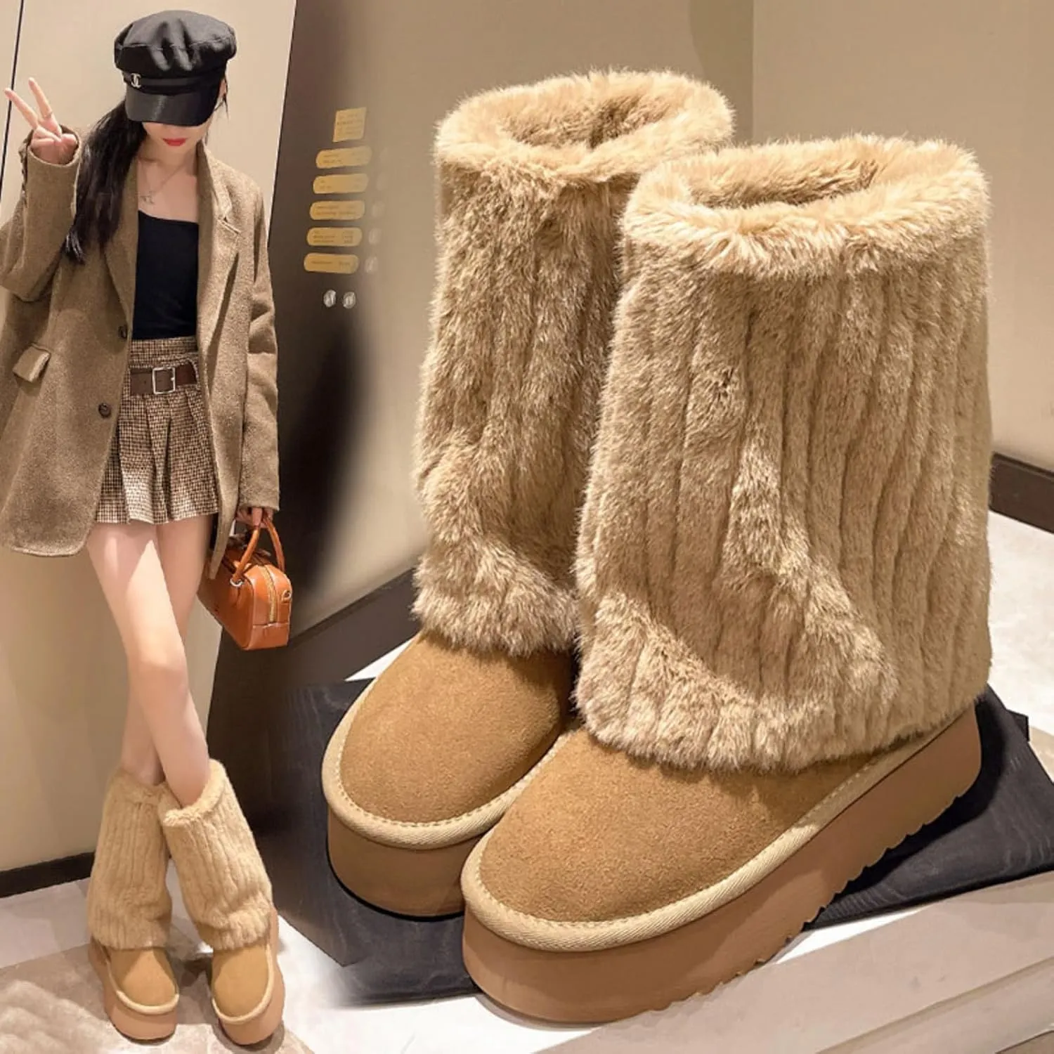 Women's Solid Color Snow Boots, Fashion Non-slip Shaggy Fleece Lined Winter Boots, Comfortable Warm Thick Bottom Heightened Mid-Calf, Padded and Thickened Big Cotton Shoes